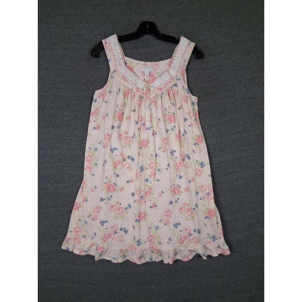 Charter Club Womens Nightgown M Pink Floral Lace Ruffle Hem Cottage Prairie